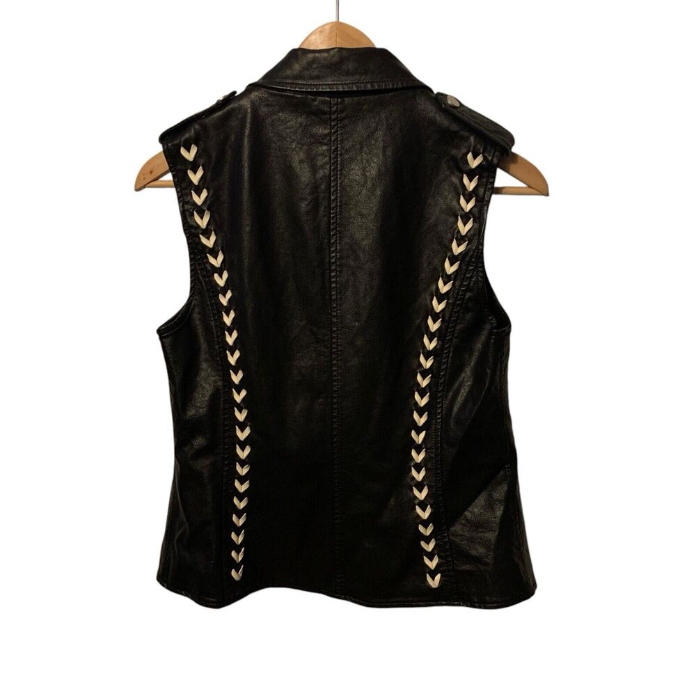 V Cristina Black Faux Leather/Ivory Braided Laced Moto Vest Size Small - Picture 4 of 5